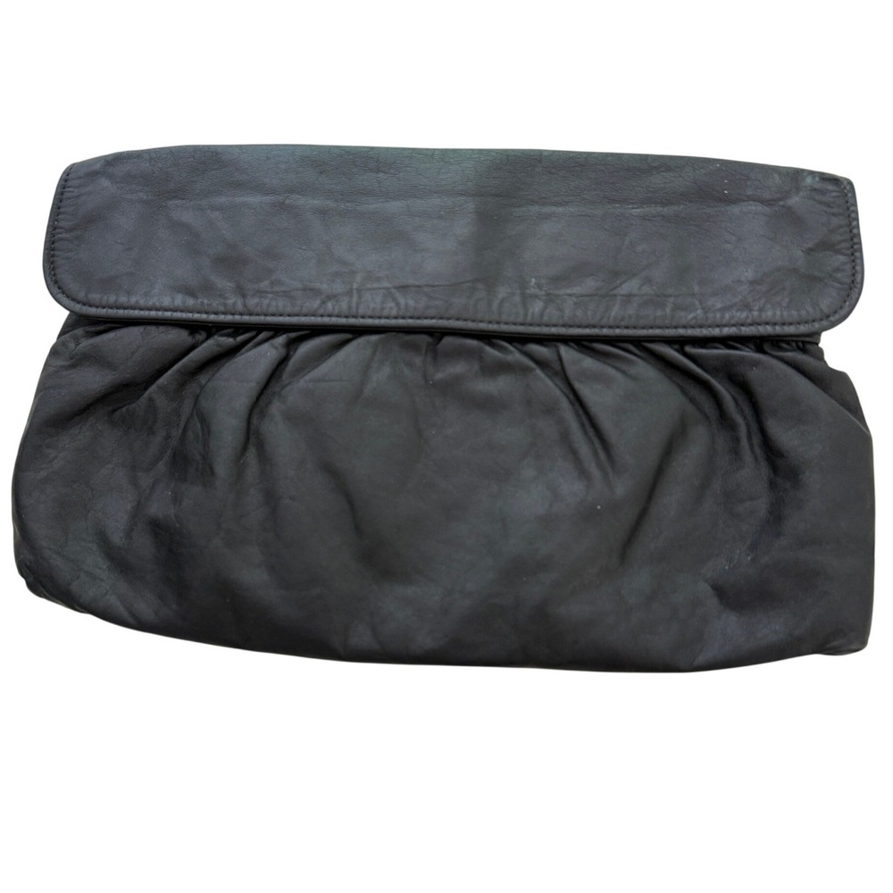 Juliette Originals Clutch Bag Black Leather Vintage Gathered Flap 80s Mob Wife